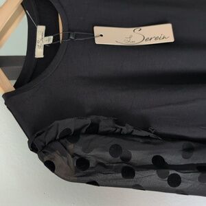 Le Serein Elegant Black Polka Dot Sleeve Women's Top
